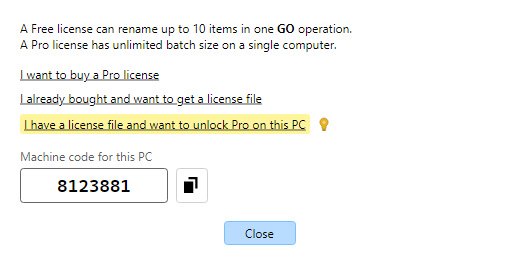 Unlock Pro dialog with the open license file link highlighted