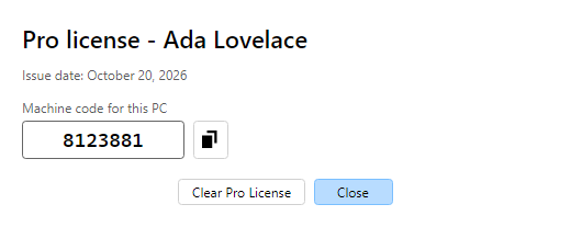 License Information dialog showing Pro license name, issue date, and machine code