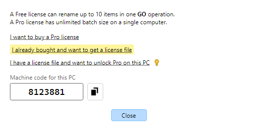 Unlock Pro dialog with the Activate license file link highlighted