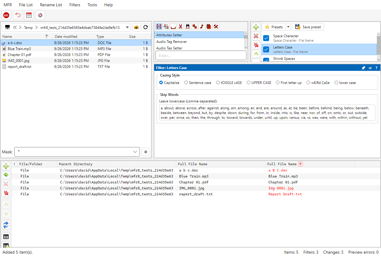 Main window highlighting File List and Rename List