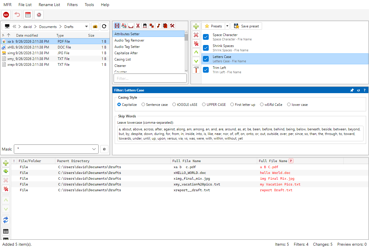 Screenshot: casing, spacing and trimming filters