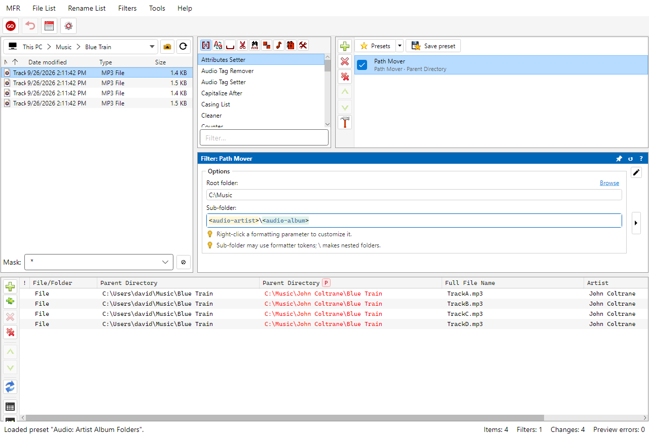 Screenshot: Path Mover organizing music into Artist and Album folders