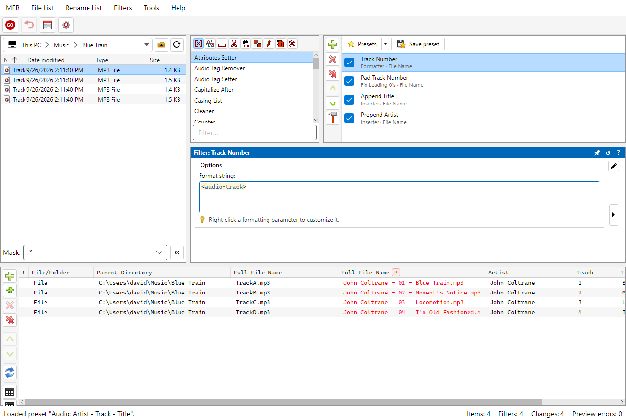 Screenshot: renaming MP3 files from ID3 tags