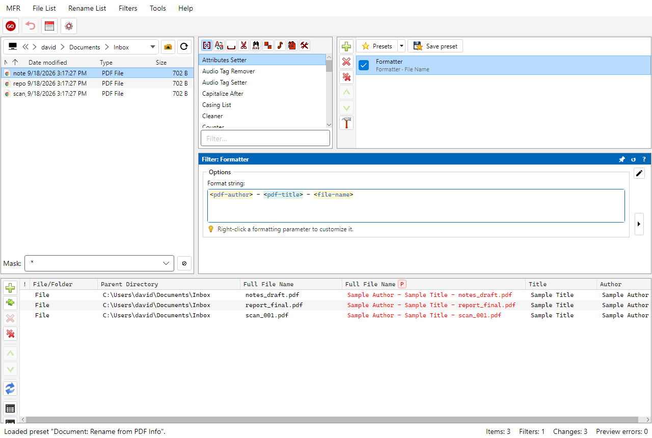 Screenshot: renaming PDF files from document Info title and author