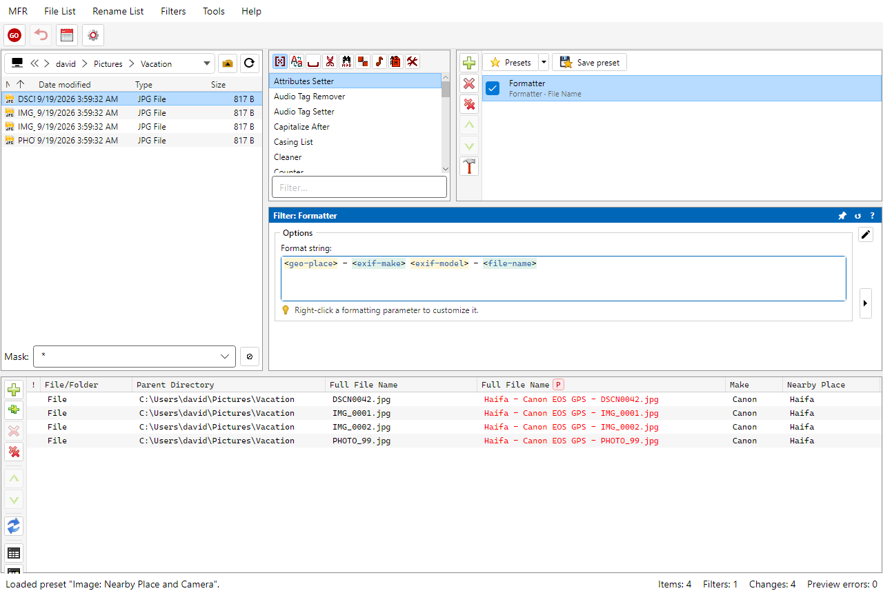 Screenshot: renaming pictures from nearby place and EXIF camera