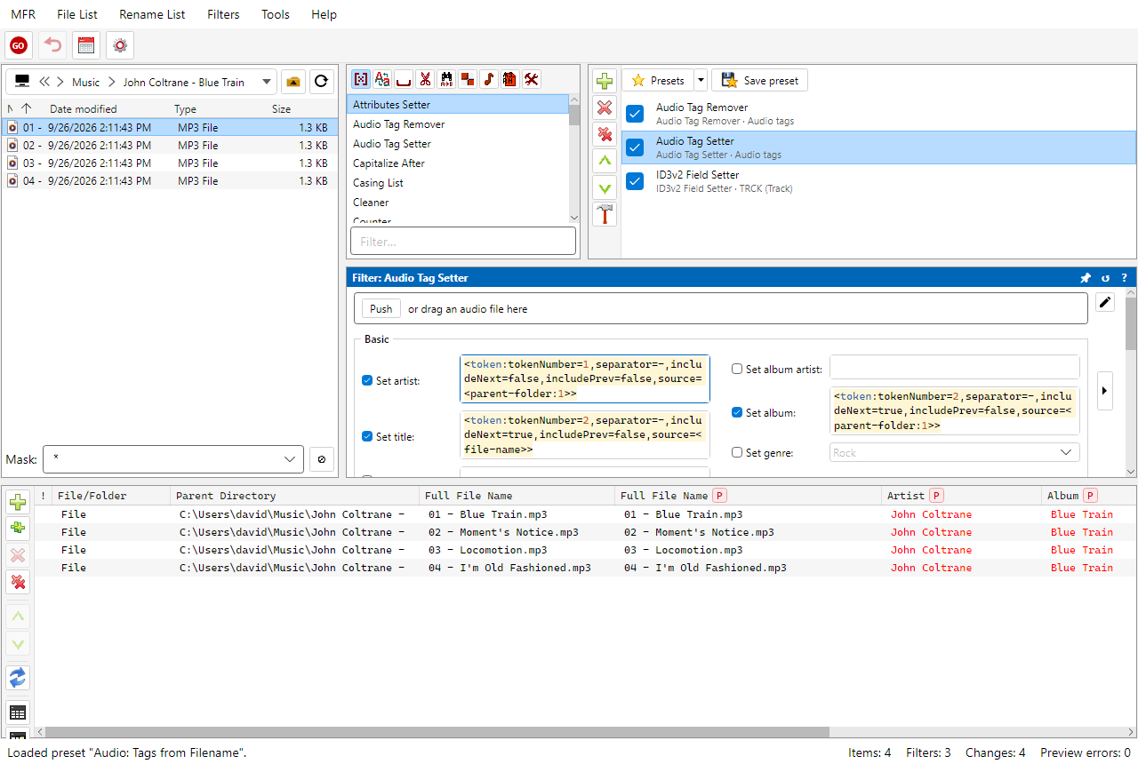 Screenshot: setting ID3 tags from file names
